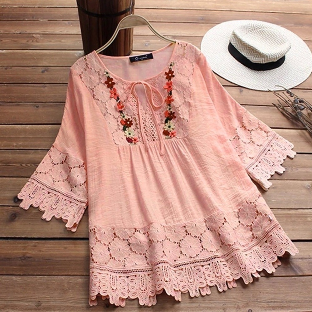Blouse For Women Summer Vintage Lace Patchwork Bow V Neck Cotton Pink Sz 4XL Y2k